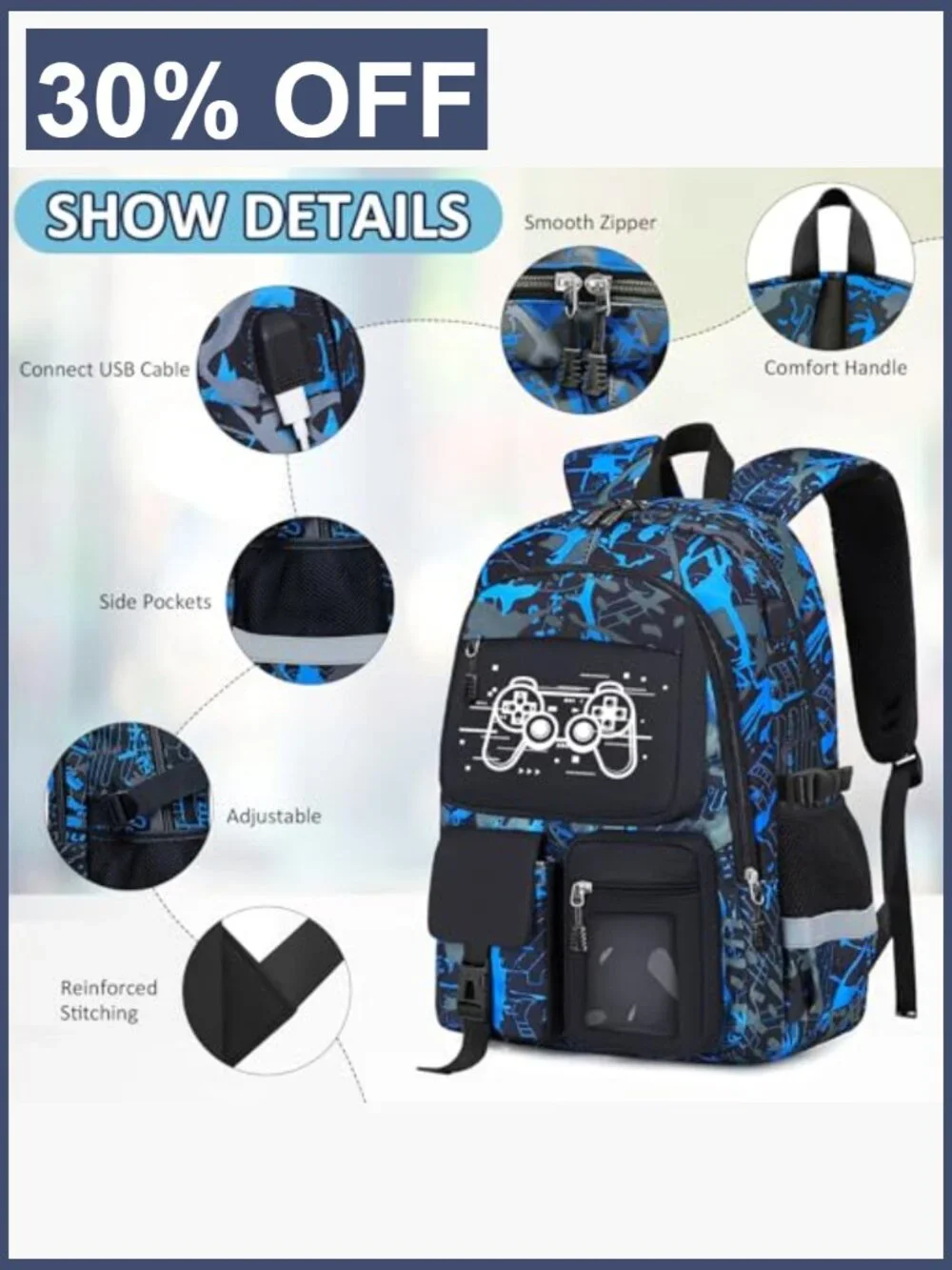 4 Piece Gamer Boys Backpack Set with Lunch Box & Pencil Case Large 18 inch